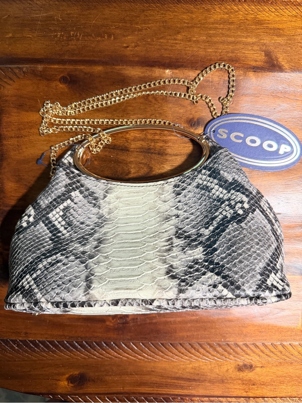 Faux Snake-Print Top Clutch Bag with Gold Chain